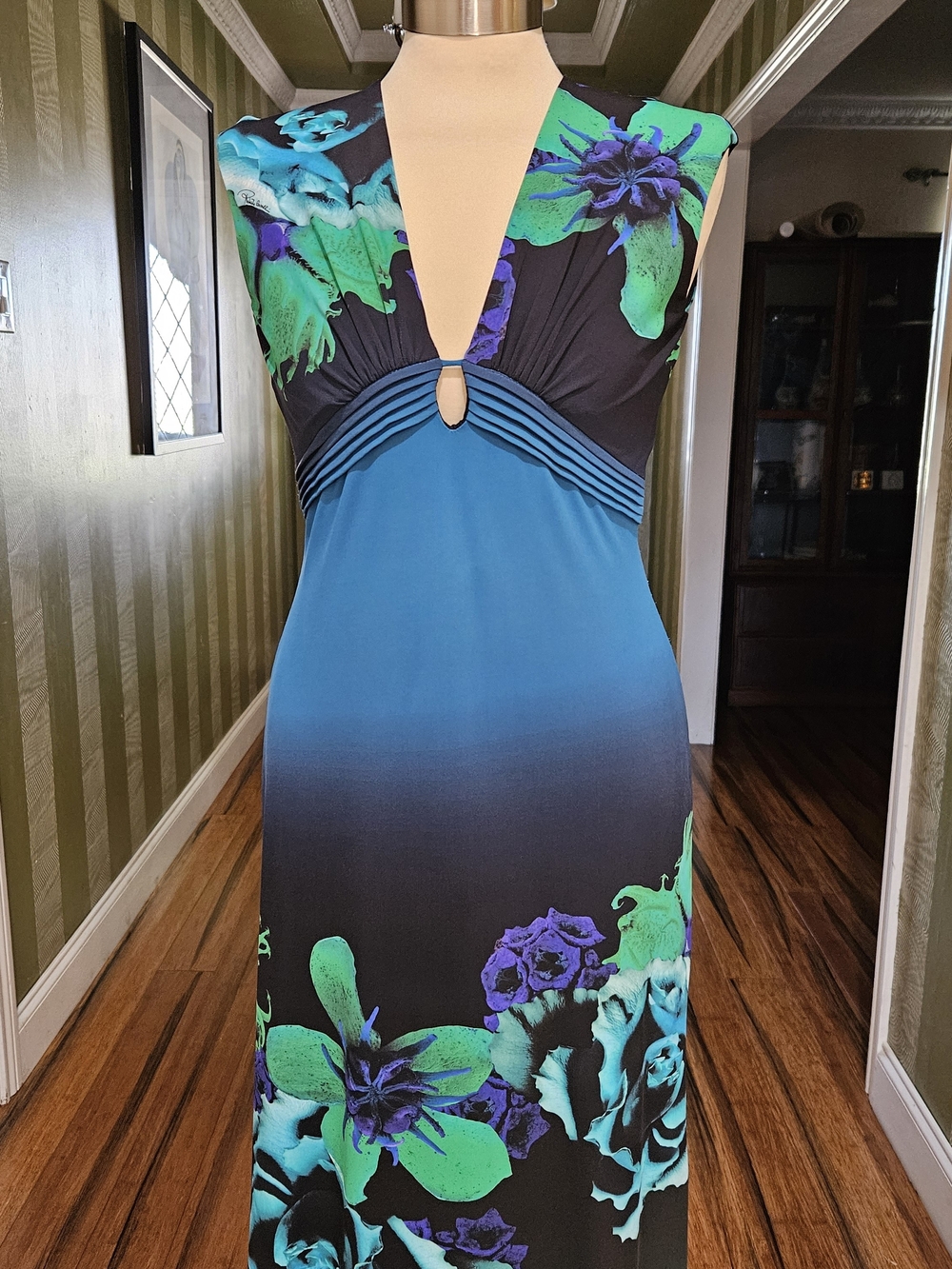 Roberto Cavalli Blue Green Ombre Floral Maxi Dress Size 42/6 - Picture 2 of 8